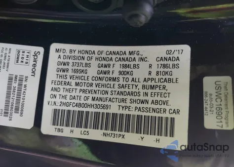 2017 Honda Civic Lx-P from USA, damaged, VIN 2HGFC4B00HH305691